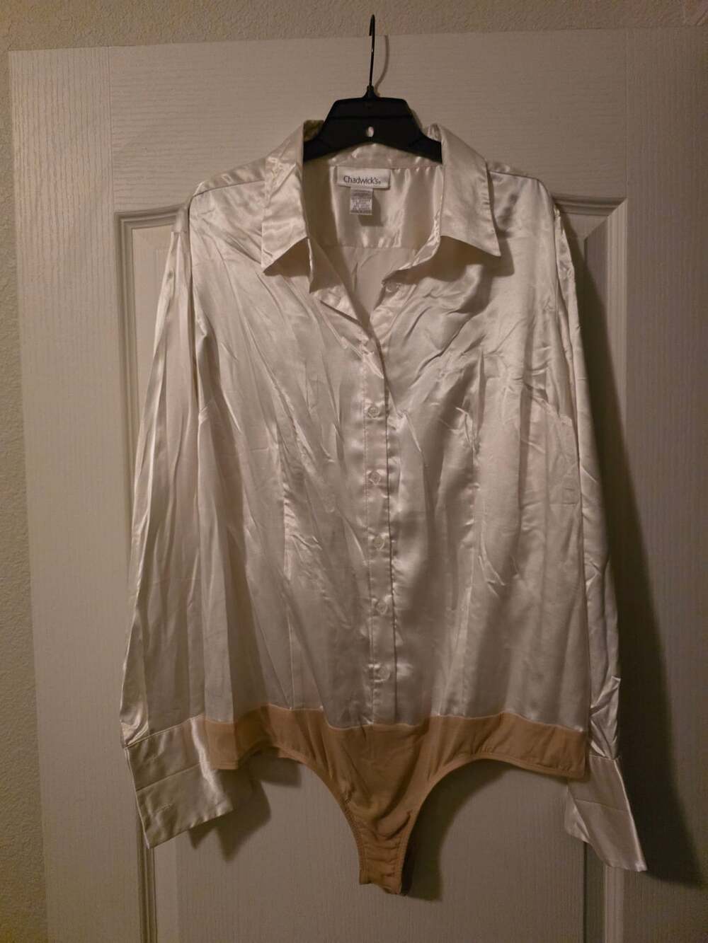 Chadwick's Ivory Satin Button-Down Collared Long Sleeve Bodysuit Sz 18W